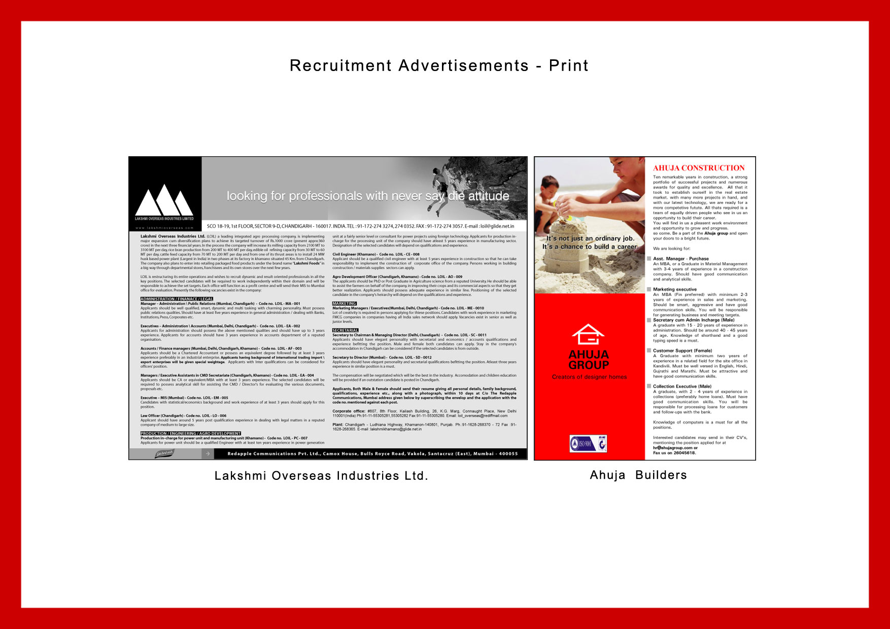 Lakshmi Overseas Industries & Ahuja Construction — Corporate recruitment advertising (Brochure p.016)